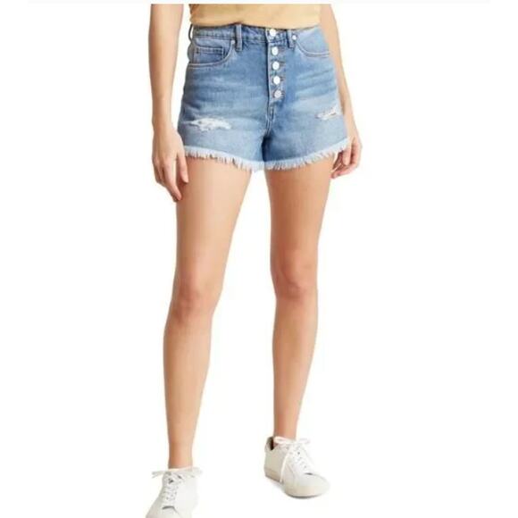 BLANKNYC Barrow Vintage High Rise Distressed Button Fly Fray Hem Denim Shorts 25 - Picture 1 of 5
